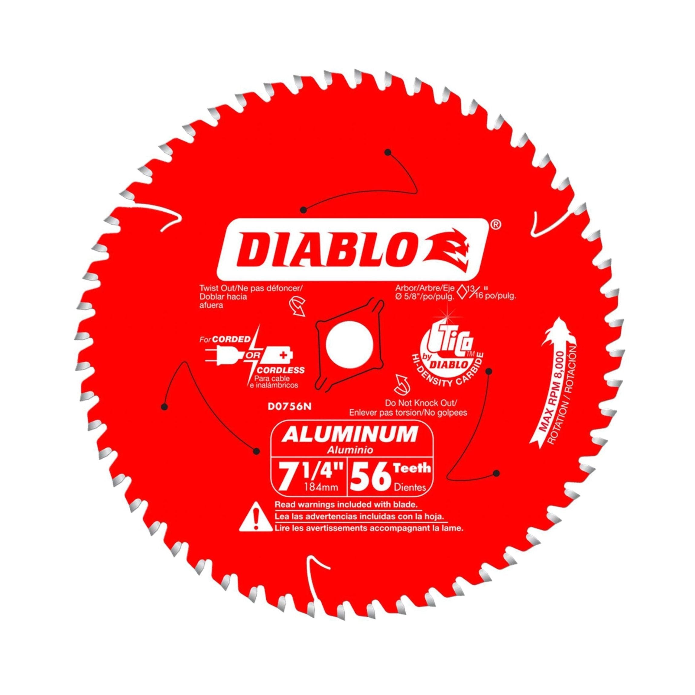 The DIABLO D0756NA 7-1/4 in. x 56 Tooth saw blade excels in cutting aluminum and features Diablo TiCo™ Super-Density Micro-Grain Carbide with a Triple Chip Grind Tooth Design for reduced vibration. Its compatible with both corded and cordless tools.